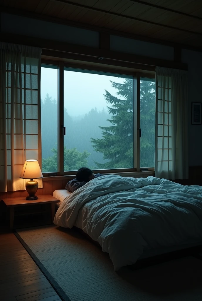 The picture shows a comfortable bedroom with large windows offering a beautiful view., Dimly lit gardens and flower-filled gardens. cinema, gloomy, The atmosphere outside is cloudy. Japanese house., This room has tatami mat floors., Shijo doors and minimalist wooden furniture. . The bed has no wrinkled sheets., It shows that he only sleeps peacefully.. Looks dim, gloomy. There is a small table by the bed with a classic lamp that casts warm light into the room.. Outside the window, You can see lush green trees on the balcony or terrace area., It's raining., The left light bulb provides warm light., Create a calm and peaceful atmosphere.. With fog obscuring some of the landscape in the distance.. The contrast between the warmth inside the building and the rainy outside creates an inviting and peaceful atmosphere.