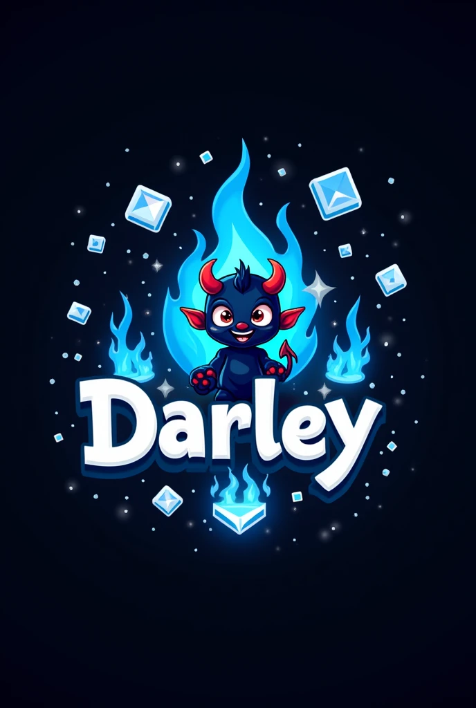 Darrley's inscription, Black background, blue flame below, blue sparks from flame, Cartoon devil in the center, the devil smiles, the devil is small and cute, all sorts of white geometric objects on the background, objects are blurred in the background, devil and inscription blue and white, Logtype, Darrley under the devil