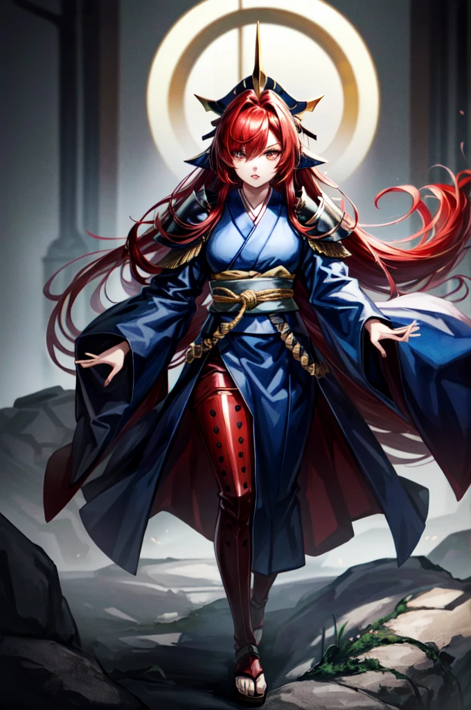earing armor One adult female, wearing light armor, wearing black kimono, Long Hair, red hair, golden Eyes, snake pupils, Light makeup, intence despair, tite waist, full body, big hair, hair over eye, anime, cinematic lighting, cowboy shot, UHD, retina, masterpiece, accurate, anatomically correct, textured skin, super detail, high details, high quality, award winning, best quality, highres, 8k