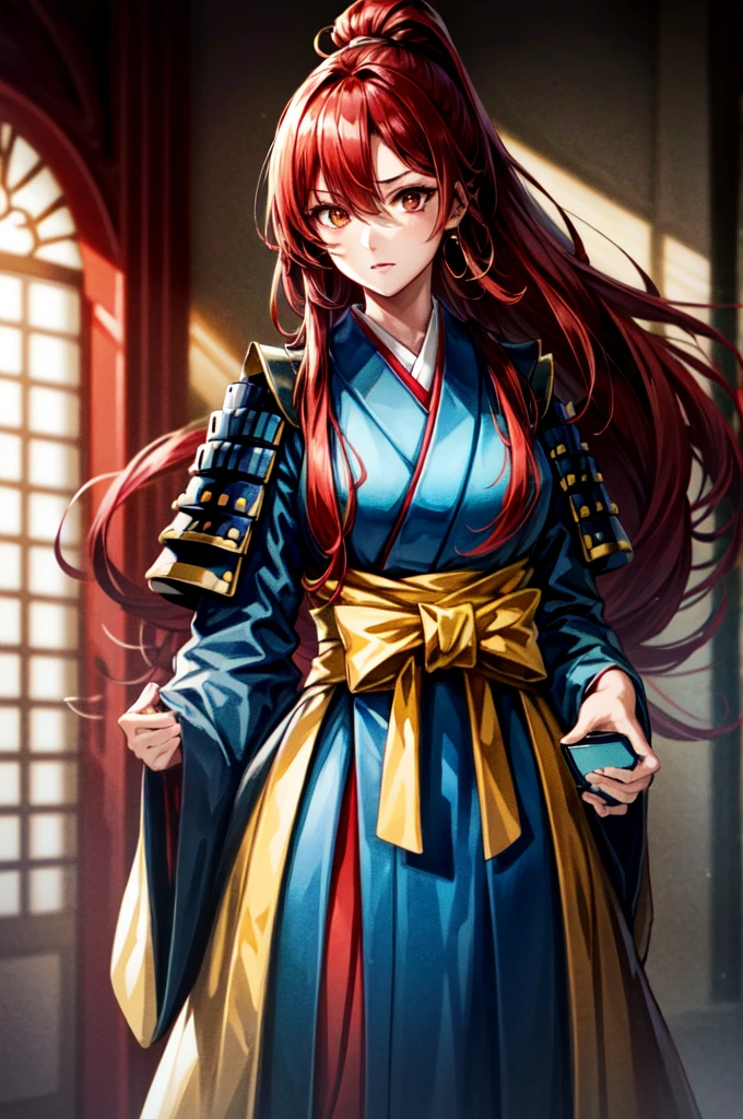 1People Women, Sad, Hanfu, Tight waist, Long red hair that isn't tied up, Her presence itself is captivating., anime style, motion blur, close-up, cowboy shot, UHD, retina, masterpiece, accurate, anatomically correct, textured skin, super detail, high details, high quality, award winning, best quality, highres