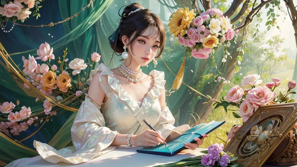 32K, 最高quality, 最高masterpiece, (ultra-Detailed Background, Detailed Background), High resolution, Super detailed, Very detailedな, 1 personの, (bouquet:1.3), (Tangled:1.2), (Geometric:1.2),(colorful),(masterpiece, quality, best quality, Official Art, Beautiful and beautiful:1.2), (1 person:1.3), Very detailed,(colorful:1.1)(Flowers:1.3),Most detailed,(Tangled:1.2), whole body, (Abstract background:1.3), (Skin glows), (Many colors:1.4), ,(Earrings Pearl:1.5), Light green background, It's imaginative., Brunette Hair, Updo, Holding a book, Holding a pen, Satin shirt