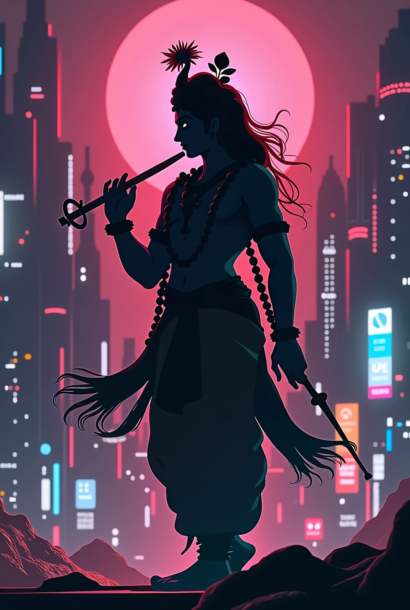 Shadow image of lord krishna with cyberpunk background 