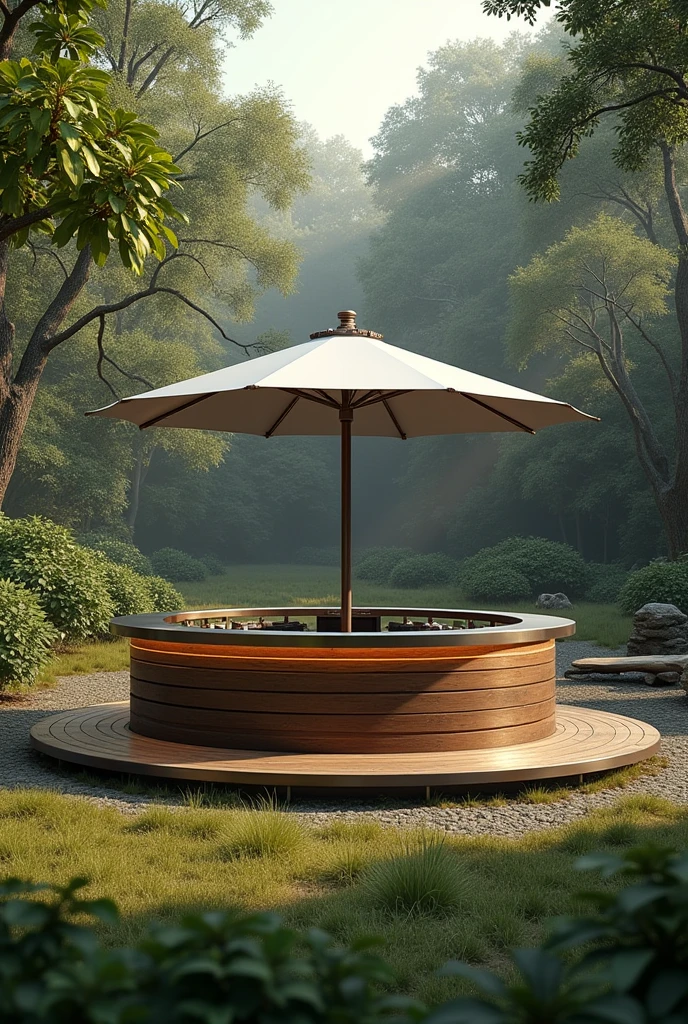 Round、The bar is made of stainless steel、The bar should be grand、High-end,There should be a parasol in the middle of the bar、The bar diameter is 5 meters,Background of a camping scene、Reality,Display different angles