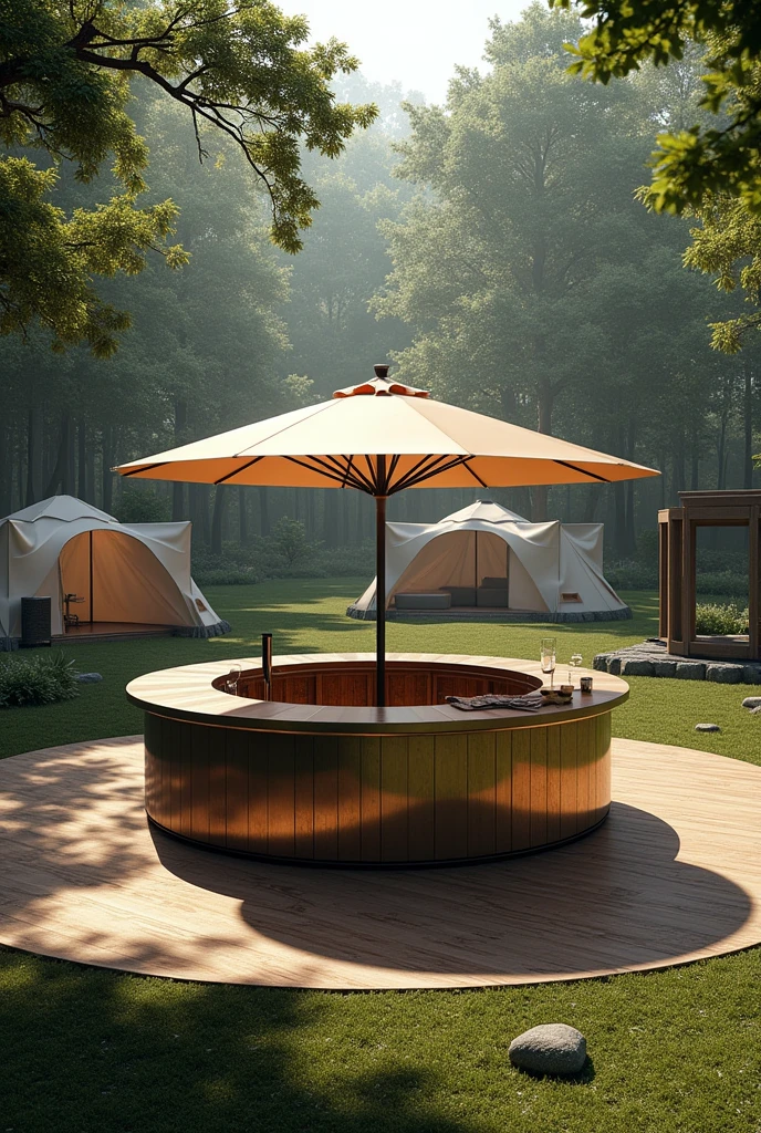Round、The bar is made of stainless steel、The bar should be grand、High-end，There should be a parasol in the middle of the bar、The bar diameter is 5 meters，Background of a camping scene、Reality，Display different angles