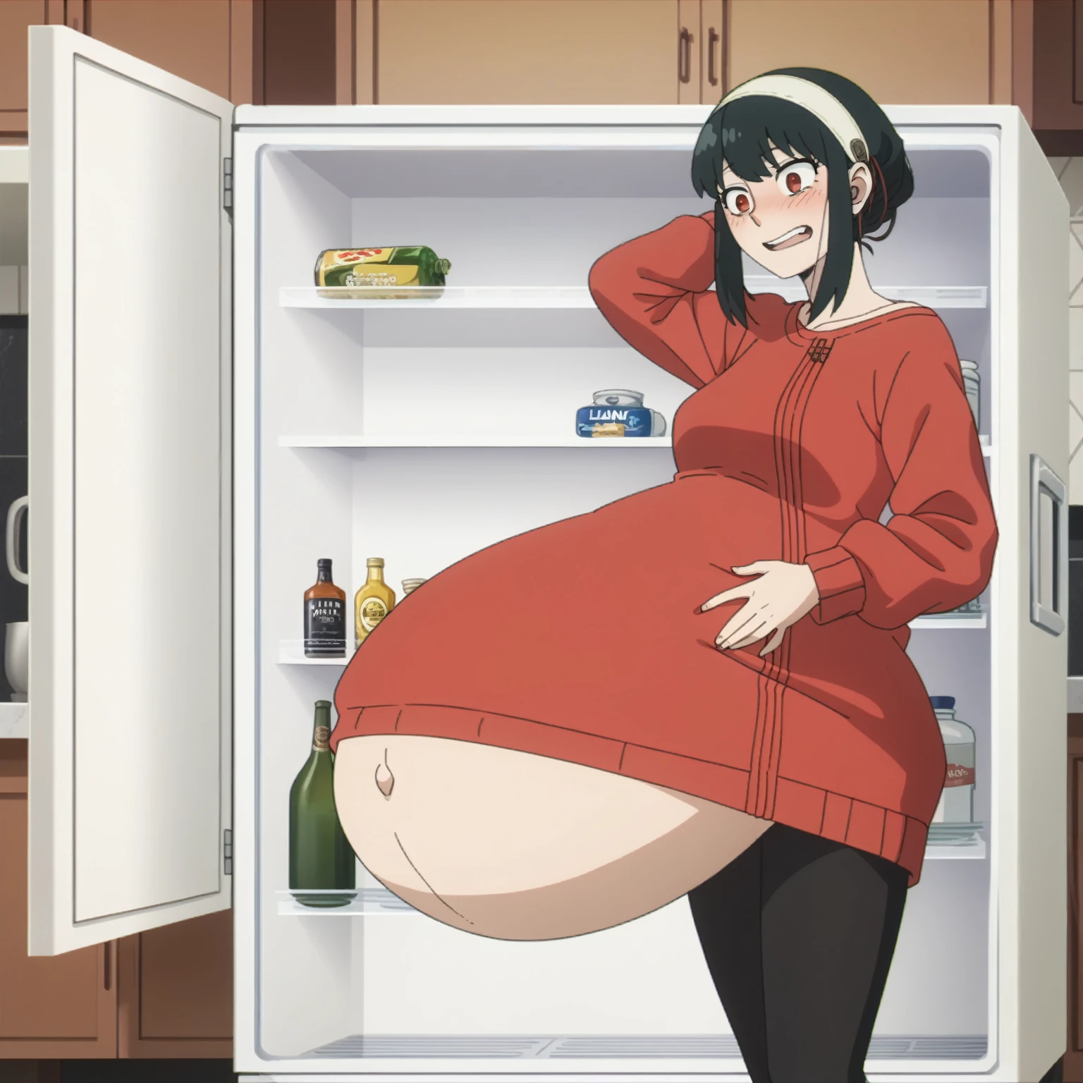 I look at the viewer, One, yorforger,1 girl, ((medium breast)), ((belly stuffed)), ((huge belly)), ((Very drunk)), ((staggers)), black hair, Red eyes, short hair with long strands, white hair band, from the shoulder, ((red sweater)), black tights, ((drank too much)), ((exhausted)), ((excited)), ((in front of the refrigerator)), ((Outdoor refrigerator)), ((lean on the fridge)),
