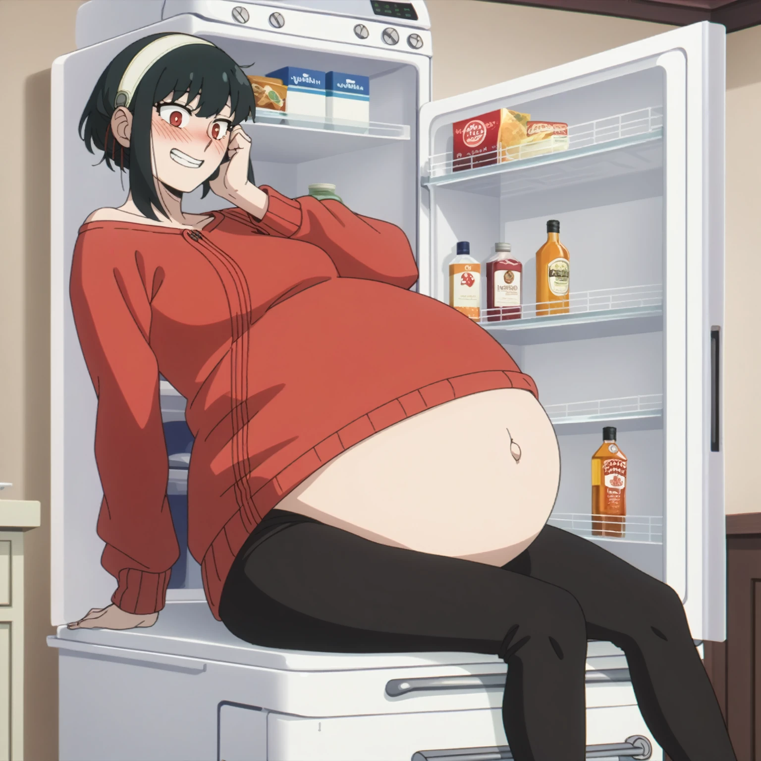 I look at the viewer, One, yorforger,1 girl, ((medium breast)), ((belly stuffed)), ((huge belly)), ((Very drunk)), ((staggers)), black hair, Red eyes, short hair with long strands, white hair band, from the shoulder, ((red sweater)), black tights, ((drank too much)), ((exhausted)), ((excited)), ((in front of the refrigerator)), ((Outdoor refrigerator)), ((lean on the fridge)),