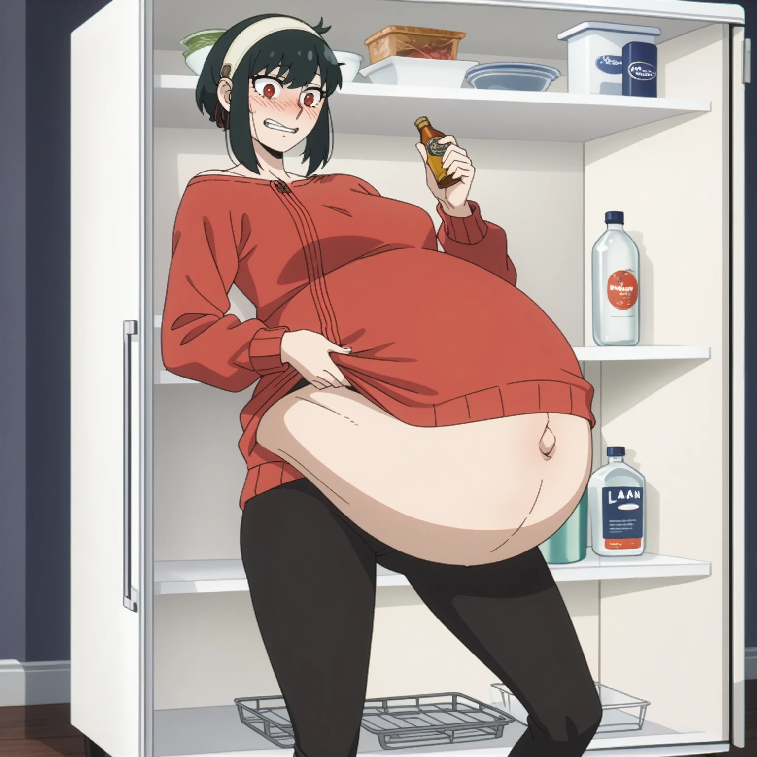 I look at the viewer, One, yorforger,1 girl, ((medium breast)), ((belly stuffed)), ((huge belly)), ((Very drunk)), ((staggers)), black hair, Red eyes, short hair with long strands, white hair band, from the shoulder, ((red sweater)), black tights, ((drank too much)), ((exhausted)), ((excited)), ((in front of the refrigerator)), ((Outdoor refrigerator)), ((lean on the fridge)),