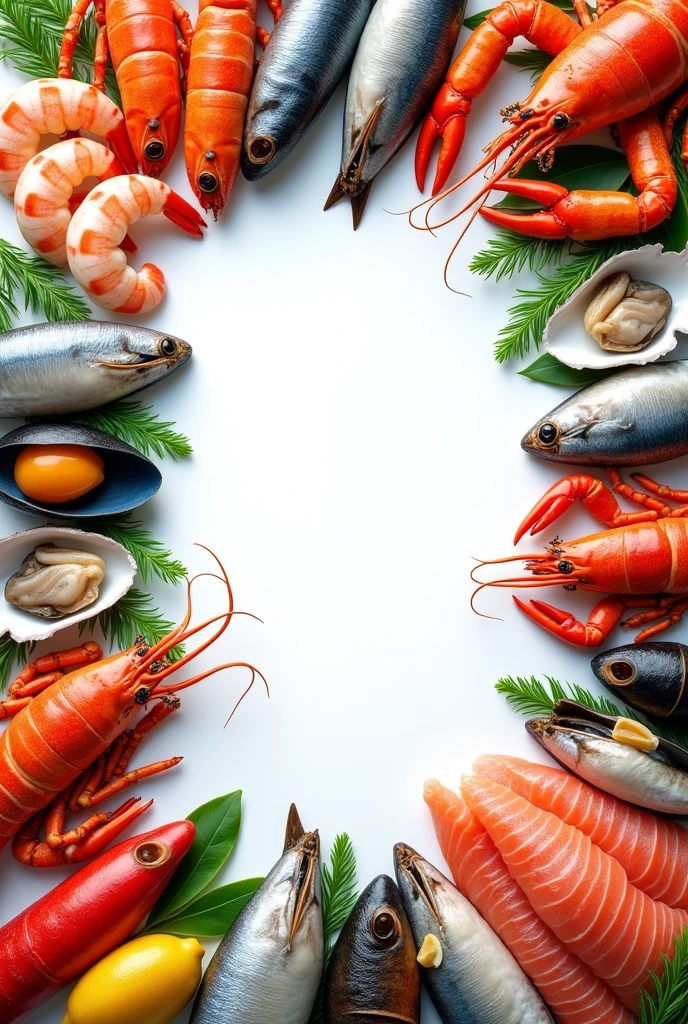 Background image with realistic different sea food with more blank space in middle