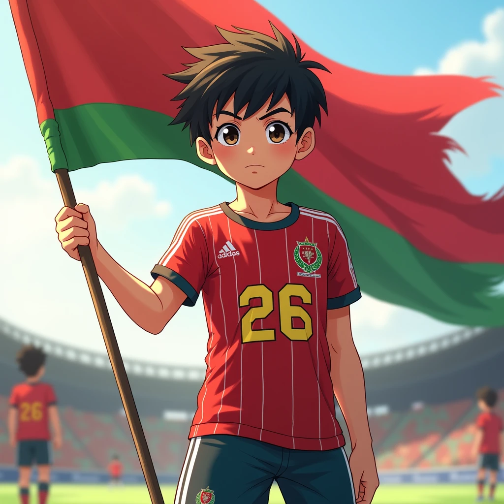 A 2 boy wearing mohun Bagan jersey and his jersey number is 26 and his name Arif he standing with mohun bagan flag, in anime type photo, one boy