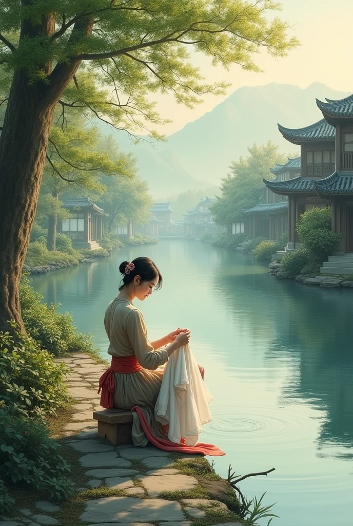 Painting of a woman washing clothes in a bucket by the river, author:Wu Hong, Wuzhen, Zhou Fang, author:Wu Bin, author:Lu Guang, Li Song, author:Wang Wu, by Bian Shoumin, author Qian Gu, by Bian Jingzhao, by Cui Zizhong, by Shen Shichong, Zhang Shengyao's work