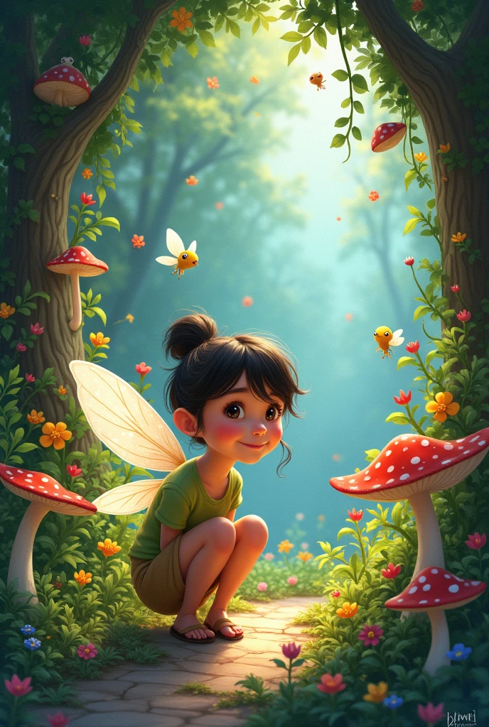 "A detailed painting of a discovering a hidden fairy garden, filled with colorful flowers and tiny, magical creatures."I am animated characters