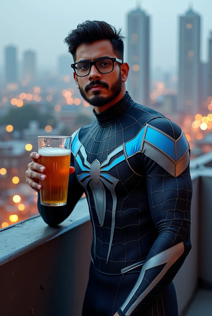 In the picture, there is an Indian guy. He has glasses and a short beard. Then he becomes the Indian Spider-Man in a black, blue, and gray suit. His name is Kunal Kumar. And he goes to drink beer in this suit on the rooftop.