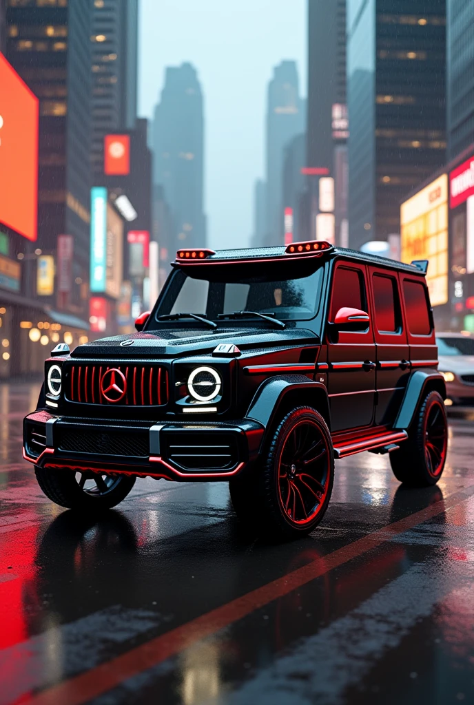 G wagon mansory kit black and red in new york city rainy weather