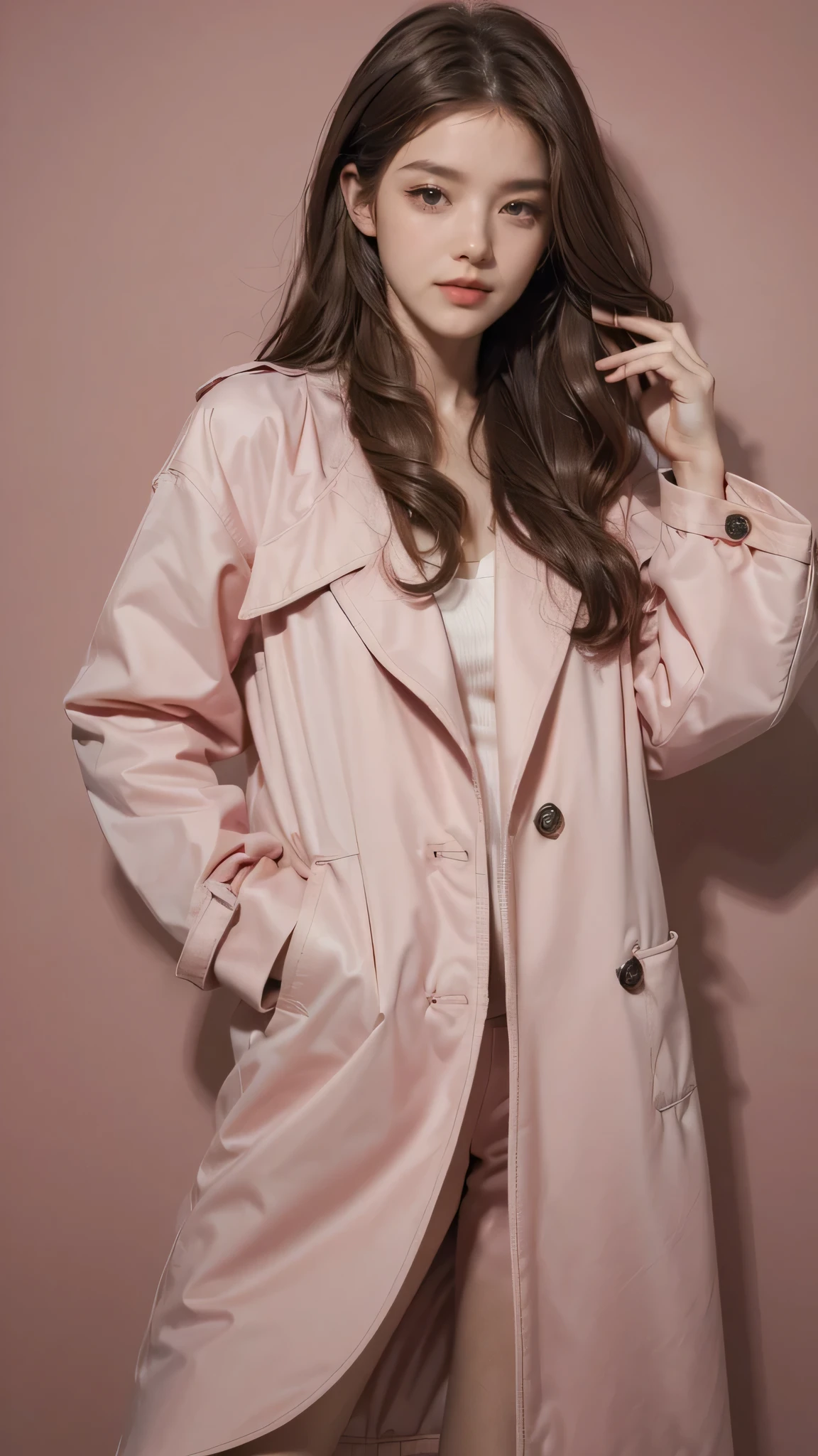 Girl wearing, luxury pink coat, shoulder length hair, wavy hair, glowing skin, star in eye, red lips, grey background, cute poses