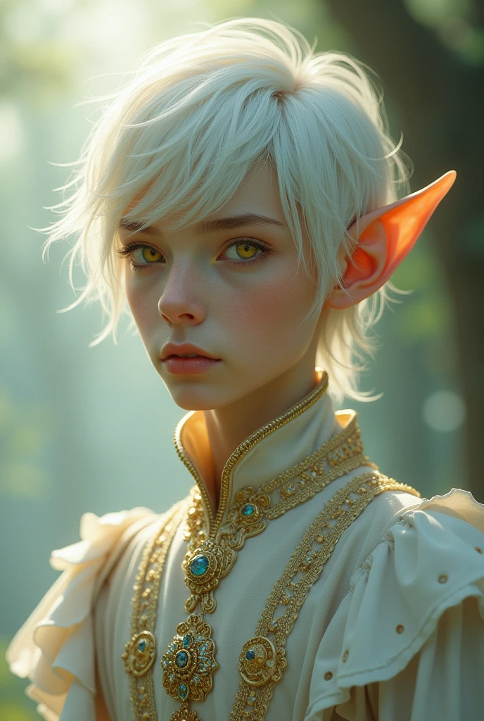 Man, elf, yellow eyes, jewerly, soft light, short pretty white hair, tanatsy formal clothes, soft but sharp featured face, boy