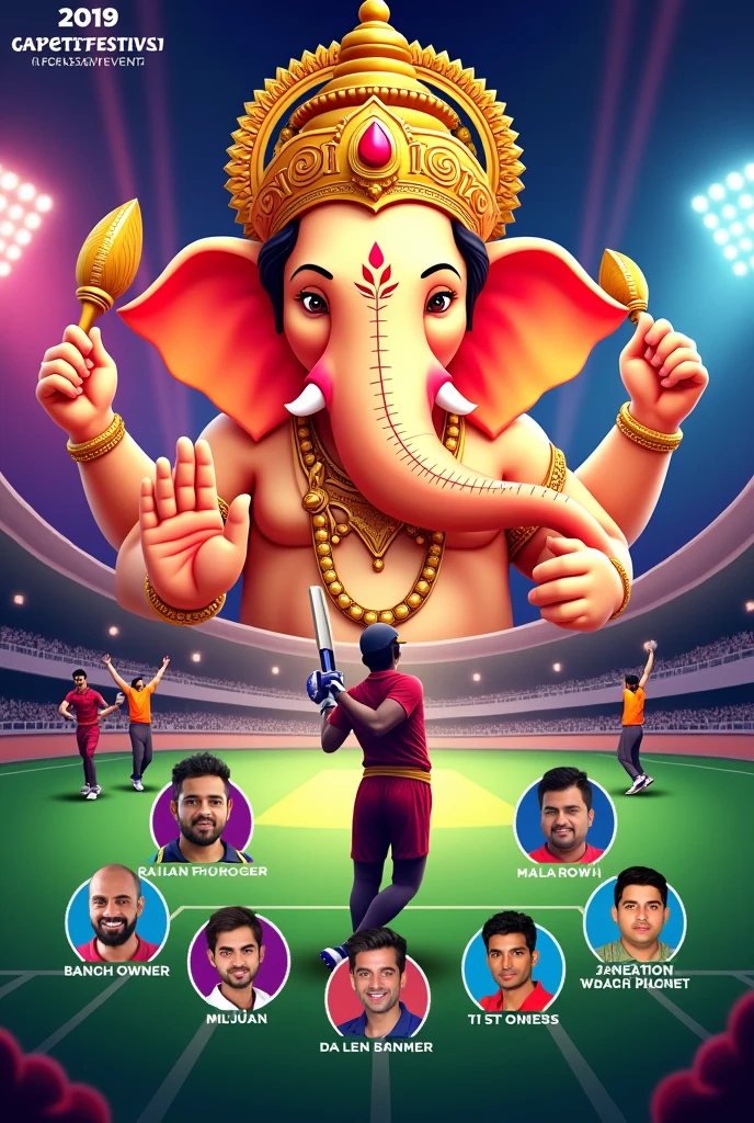 Create a horizontal banner for ganesh festival cricket sport event. Where on left top add ganesh image. 6 team owner photo and name. Below each owner, show 7 team player name. And right bottom show sport committee member name.
