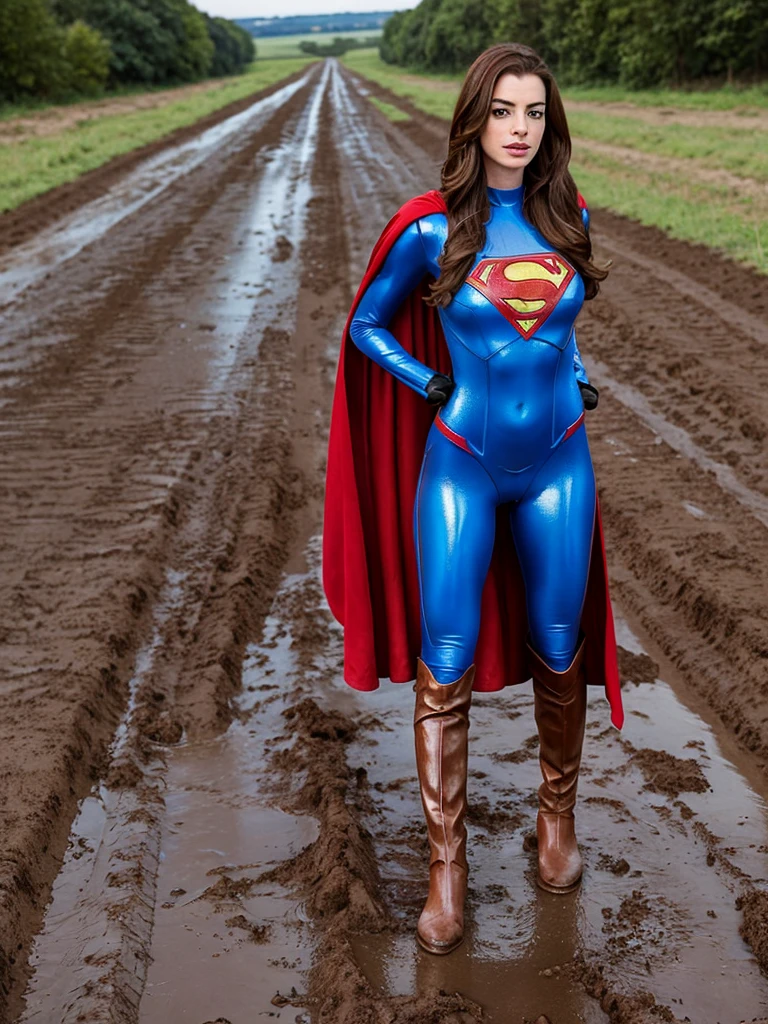 Anne Hathaway has long brown hair,Big breasts and butt,long legs,slender legs,Wearing a blue shiny full-coverage tight-fitting Superman suit,Red over-the-knee boots,Standing on a muddy dirt road,Clothes covered with mud stains,Realistic style,full body picture