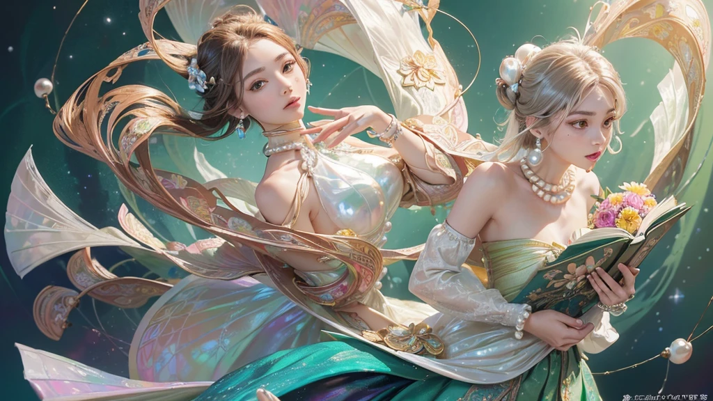 32K, 最高quality, 最高masterpiece, (ultra-Detailed Background, Detailed Background), High resolution, Super detailed, Very detailedな, 1 personの, (bouquet:1.3), (Tangled:1.2), (Geometric:1.2),(colorful),(masterpiece, quality, best quality, Official Art, Beautiful and beautiful:1.2), (1 person:1.3), Very detailed,(colorful:1.1)(Flowers:1.3),Most detailed,(Tangled:1.2), whole body, (Abstract background:1.3), (Skin glows), (Many colors:1.4), ,(Earrings Pearl:1.5), Light green background, It's imaginative., Brunette Hair, Updo, Holding a book, Holding a pen, Satin shirt
