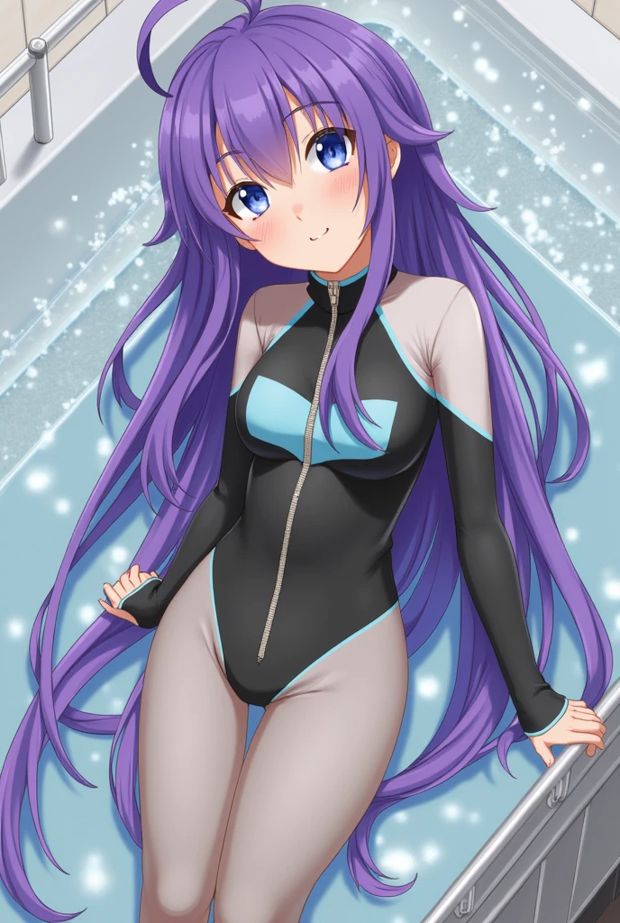 As a clone of Elisa Tachibana, Mira has similarities with her but there are distinct differences between the two. She is an average height woman with blue eyes, a curvy physique, tan skin, long, purple hair to her waist and white eyelashes. She also has a small mole on the left corner of her eye.

She wears a black, light blue, and white shirt with a zipper going down the middle, nude and black arm sleeves, gray stockings, and black and white shoes.

When Mira bathes, she has her ends in a bun and keeps the bangs.[6]

Body Measurements
Mira has a bust measurement of 90 cm (G cup), a waist measurement of 60 cm, and a hip measurement of 89 cm.[1]