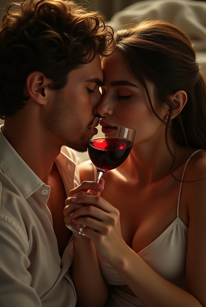 (photorealism:1.2), an aesthetic photo of a 22yo Russian beautiful couple of a boy and girl, the boy is resting his head on a girl's lap and the girl is drinking wine and wine is coming out of her mouth and into the boy's mouth.