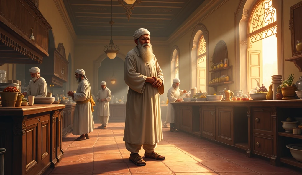 Yusuf the Servant - A kind, elderly servant with a humble demeanor, dressed in traditional attire, standing in the palace kitchen.