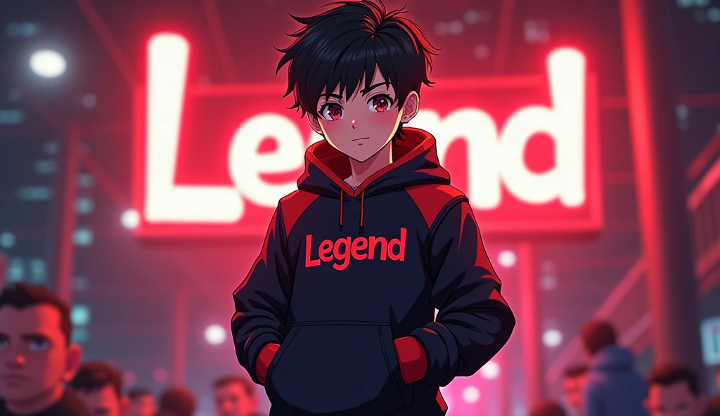 A vibrant and engaging anime-style 1 boy .He iswearing a black and red hoodie with the Channel name Legend Yash Rajput ' 'Legend Yash Rajput' aesthetic with professional lighting, making the character stand out. The image is highly engaging and attract Show full body
