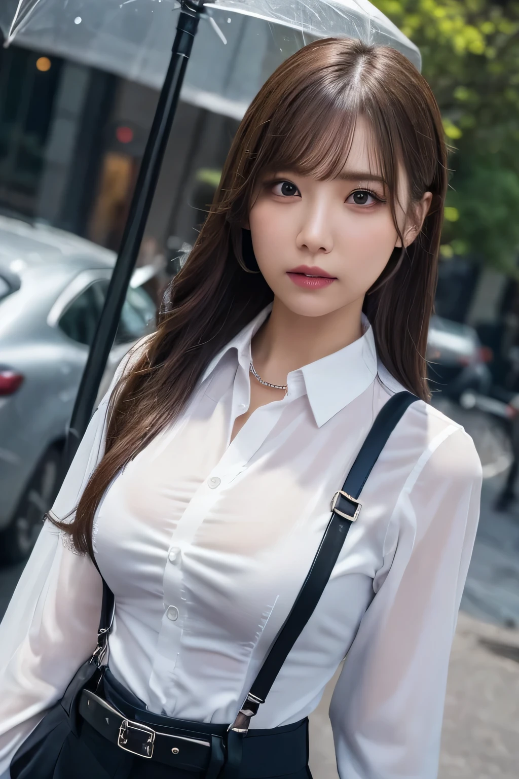 a woman in a suit, belt, hands behind back, sweating, suspenders, black pants, sexly, large breasts, see-through clothing, rain, detective, office worker, white button-up shirt, (best quality,4K,8k,highres,masterpiece:1.2),ultra-detailed,(realistic,photorealistic,photo-realistic:1.37),hyper-detailed,highly detailed face and body, Slender thin suspenders Moderate breasts See-through shirt Nipples holster chain Pistol Armament criminal Female criminal knife