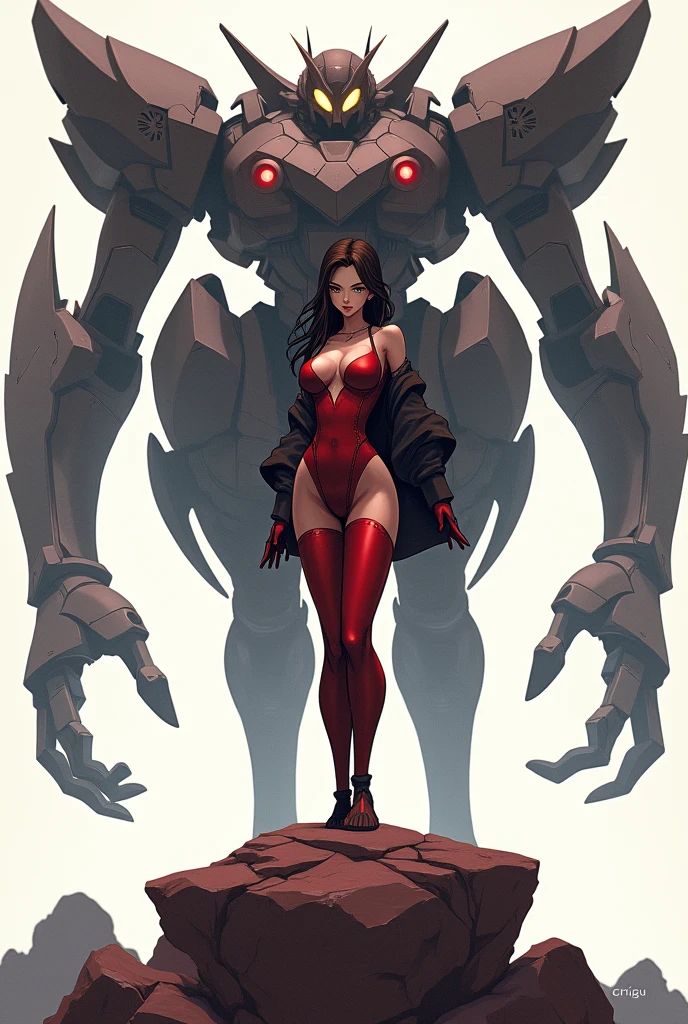Top quality materials，The details are obvious，best quality，Global Illumination，Highest skin texture，Top quality materials，The details are obvious，best quality，Global Illumination，Highest skin texture，black（1.8），red（0.8），Japanese cartoons, Mecha girl（2.0） Looking at the audience:（0.8），Golden-glowing eyes（2.0）detailed, Huge Breasts，Exaggerated body proportions，Loose fitting robe，Slim waist，Wrap the whole body in tights（1.0），Bodysuit Nano Style（1.0）Giant creatures，She is great，Look up to her，Standing on a rockery disc（1.8），Backlight、Backlight，Look down at the camera。、hapiness, Abstract Beauty, Dynamic, Very detailed, Smooth, Clear focus, 8K, high resolution, illustration, Art work：carne griffiths 和 wadim kashin, White background