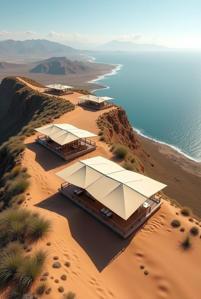 I need you to create a viewpoint at the top of the Pachamac topography, lurin. With a view of the sea and the Pachacamac Islands. You can create platforms on the sides to take advantage of the height. and to point out the sandy area of the place,. And add roofs with eco-friendly materials to the viewing points. REMEMBER IT IS A DESERT AREA