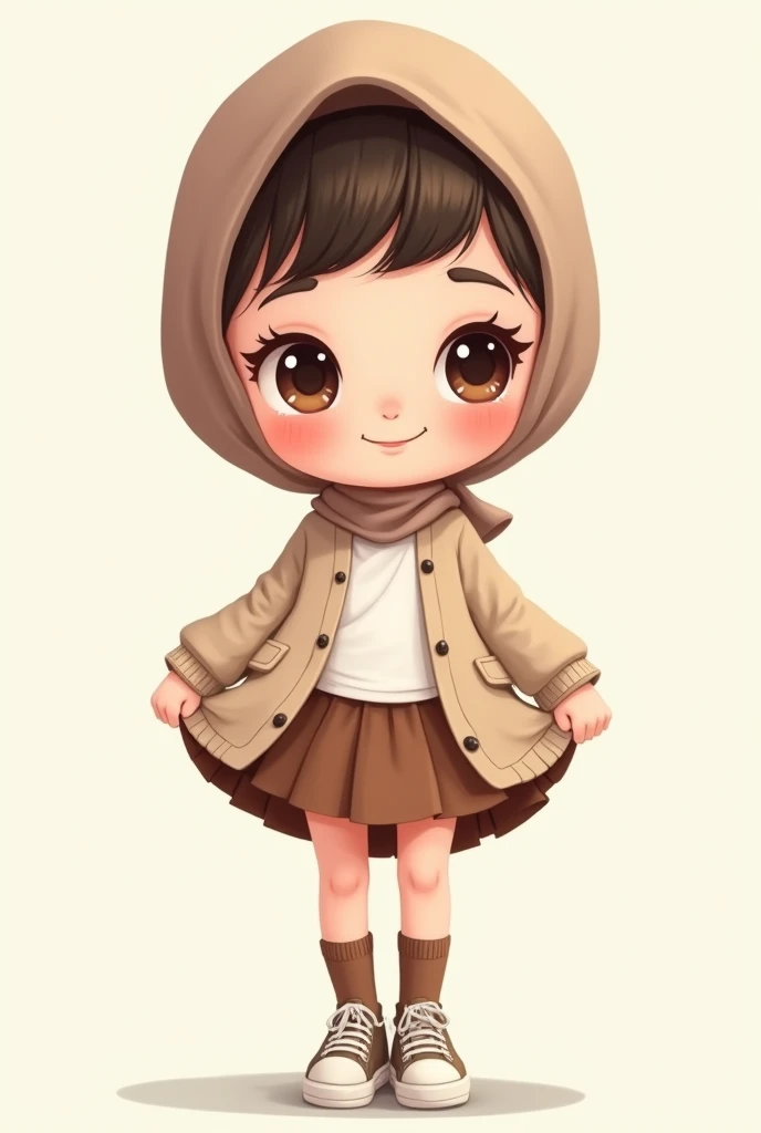 Cartoon with text:
(masterpiece, best quality, 4k, expressive eyes, perfect face, 2d style, flat style, hand drawn), Cute and adorable face, big detailed eyes,, Cute little cartoon girl, with brown hijab on, bangs, wearing oversized beige cardigan, white shirt, brown skirt, ((brown socks, long socks)), sneakers, showing her panties, pulling up her skirt, upskirt, exposed legs, white underwear