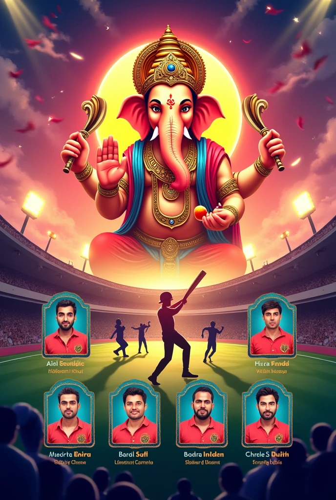 Create a horizontal banner for ganesh festival cricket sport event. Where on left top add ganesh image. 6 team owner photo and name. Below each owner, show 7 team player name. And right bottom show sport committee member name.