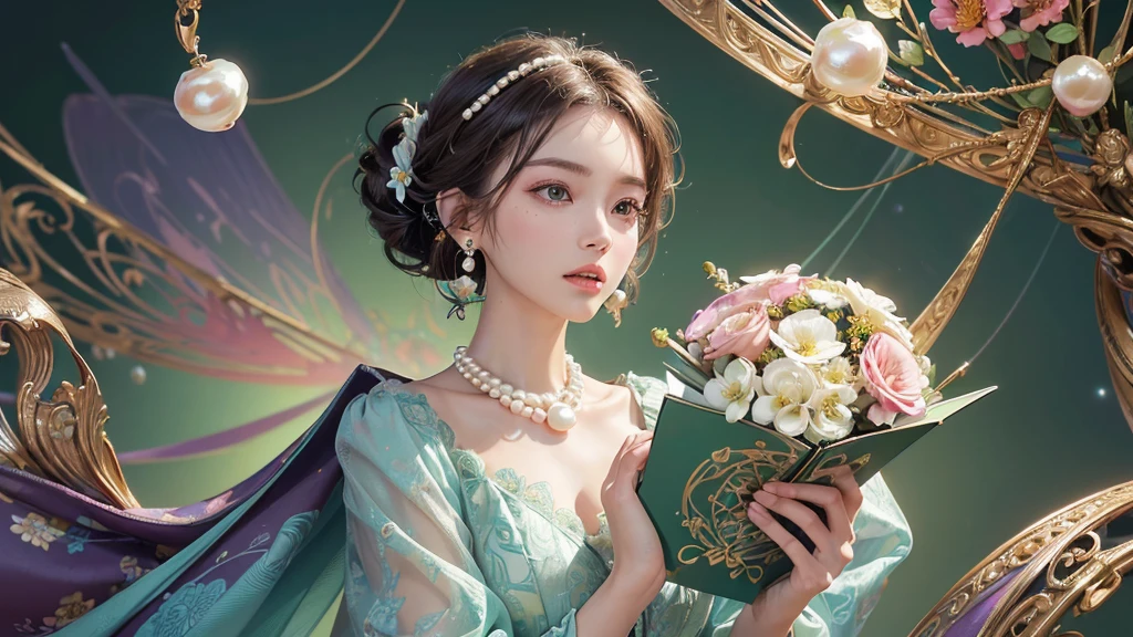 32K, 最高quality, 最高masterpiece, (ultra-Detailed Background, Detailed Background), High resolution, Super detailed, Very detailedな, 1 personの, (bouquet:1.3), (Tangled:1.2), (Geometric:1.2),(colorful),(masterpiece, quality, best quality, Official Art, Beautiful and beautiful:1.2), (1 person:1.3), Very detailed,(colorful:1.1)(Flowers:1.3),Most detailed,(Tangled:1.2), whole body, (Abstract background:1.3), (Skin glows), (Many colors:1.4), ,(Earrings Pearl:1.5), Light green background, It's imaginative., Brunette Hair, Updo, Holding a book, Holding a pen, Satin shirt