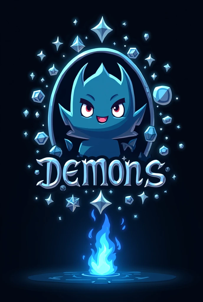 Darrley's inscription, Black background, blue flame below, blue sparks from flame, Cartoon demon they are in the center, the demon they smile, the demon they are small and cute, all sorts of white geometric objects on the background, objects are blurred in the background, demon they and the inscription are blue and white, Logtype, Darrley under the devil