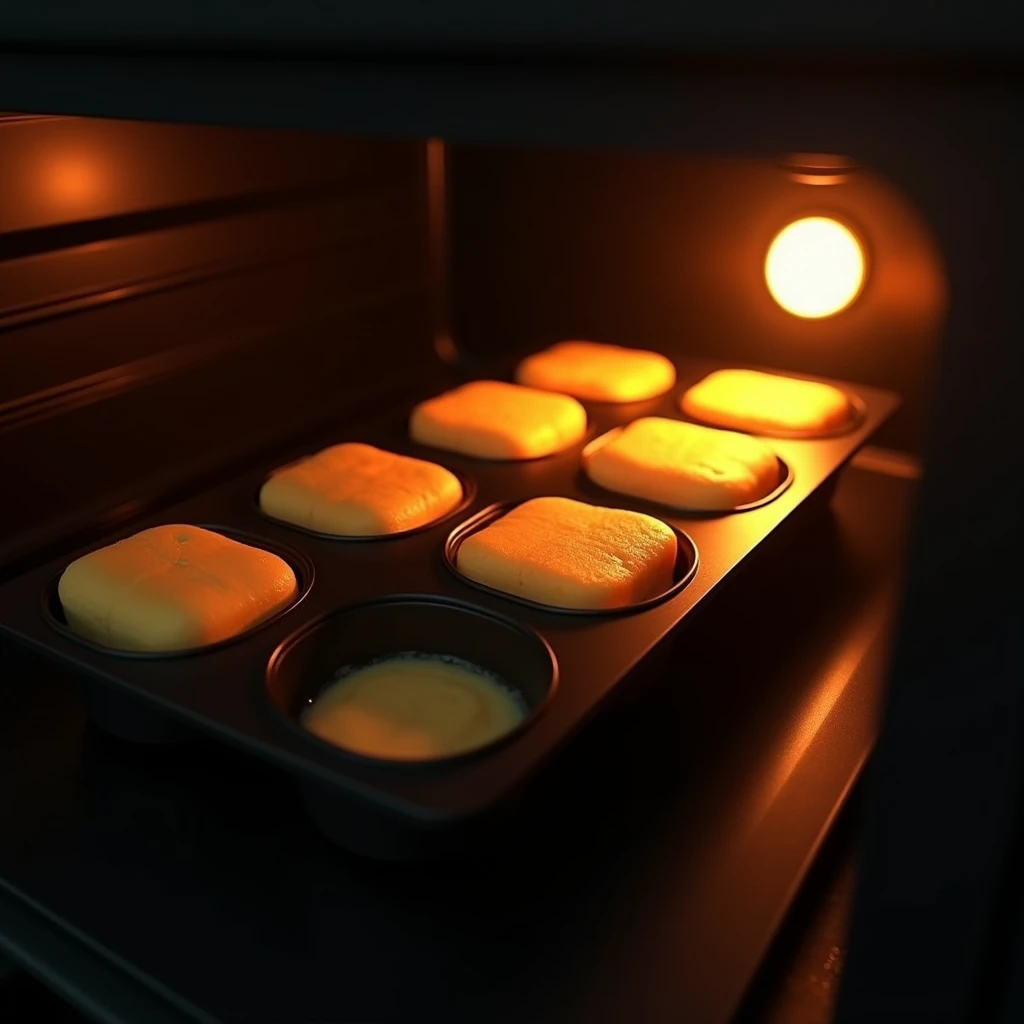 "Financiers baking in a black modern oven with no items on top, orange lighting, no people present, focus on the oven, with the financiers rising inside a black rectangular mold."