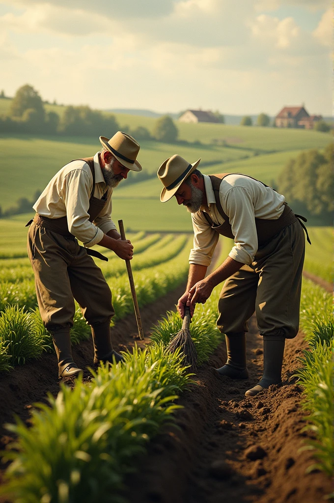 English farmer men planting seeds in farmland 