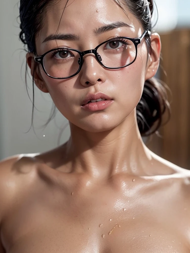 1 person、Close-up of a naked 40-year-old Japanese woman、Facing forward、Photo from pubic hair up、Small breasts、Skinny、Glasses、Hair slicked back in a ponytail、Thin eyebrows、Looking up、Sweaty、No background。