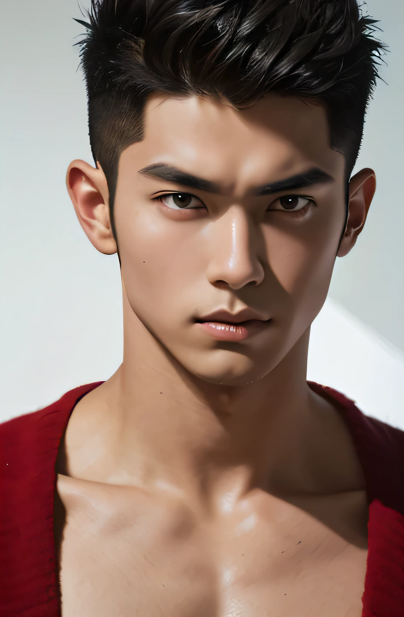 Japanese Male Model　Cool 1　Short black hair　Slim and muscular　Fierce　Bright screen　Close-up image