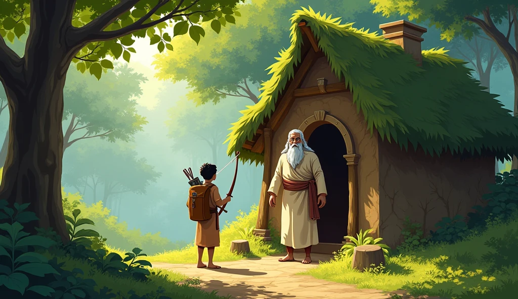 Sage Bhaskar welcoming Arav: Depict Sage Bhaskar standing at the entrance of his hut, warmly welcoming Arav.arav should carry his bow and a small pack, The sage should have a gentle smile, and the surrounding for surrounding forest should be lush and calming.
