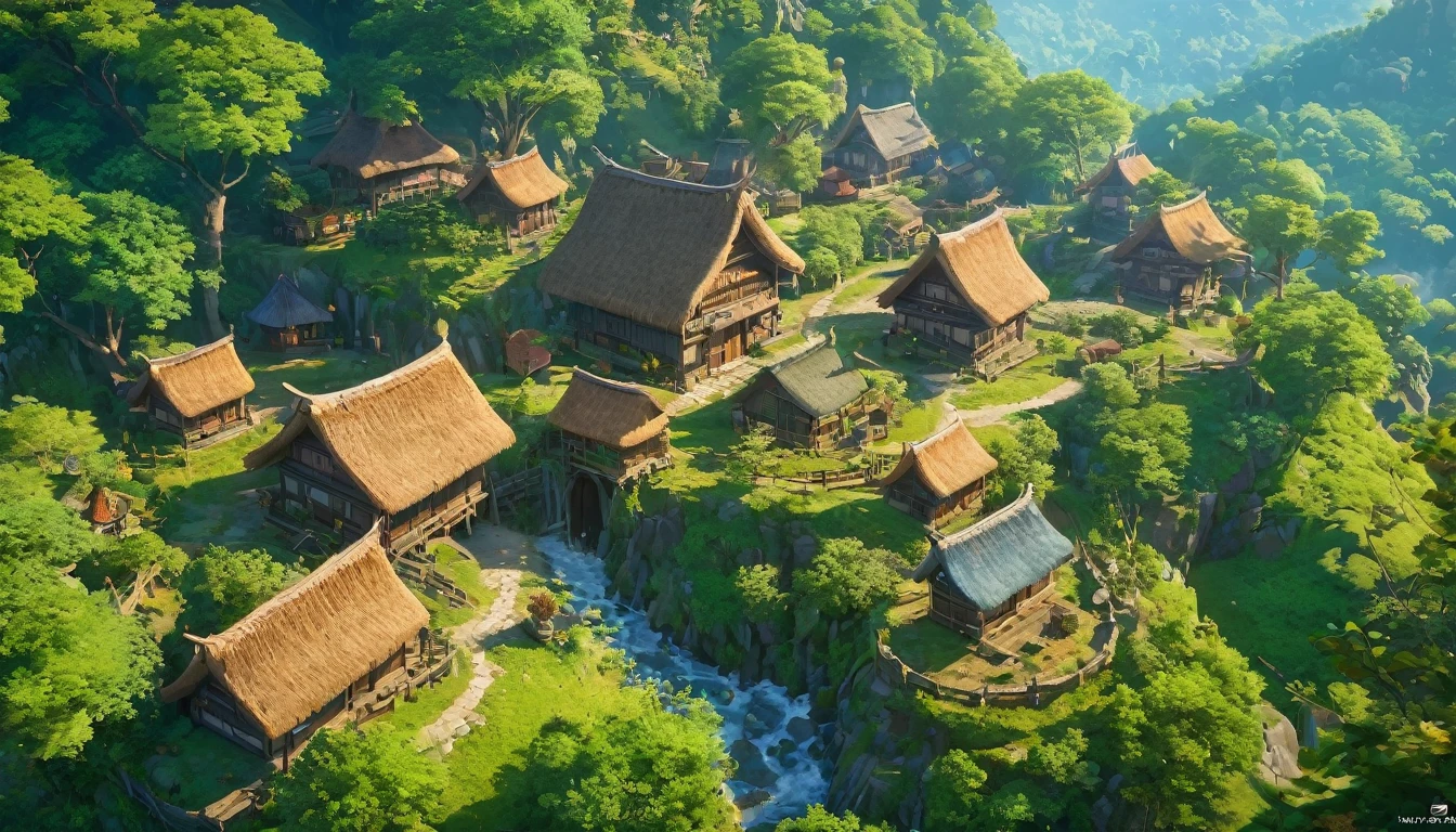 (anime, fantasy, village), (detailed CG unity 8k wallpaper, masterpiece, best quality, highly detailed, HDR:1.2), a small village in the forest, top down view, highly detailed village hut, heavenly atmosphere. {4k texture} {detailed landscape} {side angle shot}, colorful, intricate, ethereal lighting.