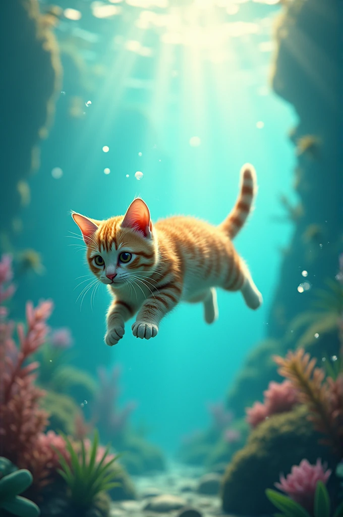 A cat run under the water