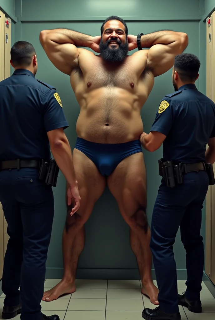 A huge muscular giant mixed race man from Brazil, bearded and hairy, standing, in navy blue underwear, inside the changing room of a store, with your legs wide apart from each other, with hands raised behind head, having his underwear pulled off by the two police officers.