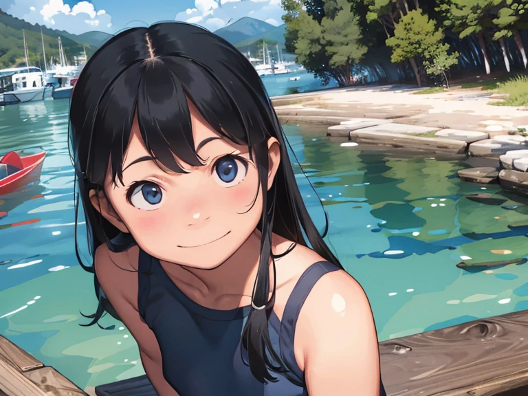 Clean lake、Shining Water Surface、Mountains in the distance々、They are canoeing.、sitting in front、They are putting one hand in the water.、Cute Swimsuit、Summer sun、2People Girl、、Big Eyes、Healthy girl、Strong sunlight、Summer sun、cumulonimbus、Blue sky、(Smiling shyly、Looking up)、Slender、small breast、cleavage、Super cute、Clear skin、cute Swimsuit、Detailed face、Detailed Hair、detail eyes, (fullbody shot), looking at viewer, Shoulder Bare、(spread legs)