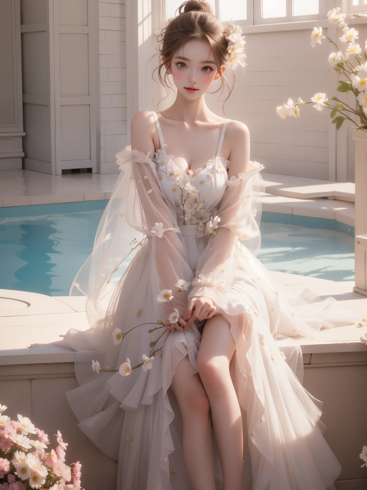 dress, bouffont dress, transparent long sleeves, daisies, cherry,（(Girl lying in the swimming pool))、She gently lifted her skirt with one hand，Make gentle and playful gestures，((Lots of flowers瓣)), Lots of flowers，Many petals scattered，Cherry tree，Petals are flying all over the sky，Beautiful and charming woman, Elegantly, Her full breasts revealed.，Visible cleavage，The skirt is short，Natural legs，Sexy long legs，Correct and natural legs，Smooth skin，Slim and cute beauty, Eyes sparkling，Her skin is flawless。Her curves are highlighted。Shine in the light，The color is pastel，She lay confidently，One hand on hip，Her posture is both graceful and strong..。She wore elegant high heels，It matches her dress very well.。In the warm golden sun。The overall atmosphere of the picture is peaceful and uplifting，Emphasis on natural beauty and elegance, Studio Lighting,Vibrant colors, Cute girl, sweet smile, cosmetic，Shy，blush，open mouth，Heavy breathing，moan，超realism，realism，Movie Lighting，Comfort，Sony FE GM，Retina，masterpiece，precise，Anatomically correct，Textured Skin，Super Detail，High Detail，best quality，rich and colorful