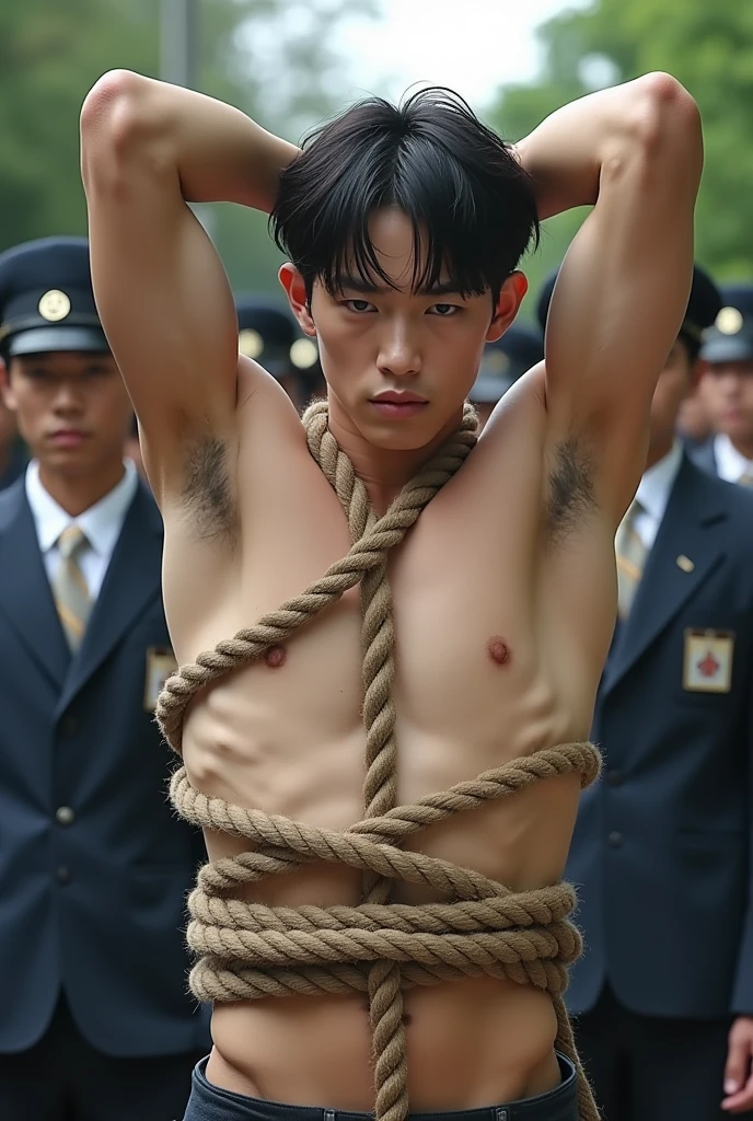 1boy、Handsome Men、Japanese male, 、Completely naked、Full nudity、erection、Huge penis、Highest quality、Realistic、beautiful、Sad look、 ((((Both arms were tied up with rope)))), ((((A very tight rope is crisscrossed over the chest)))),(((Body bound with tight rope)))、whole body、Surrounded by men and women in uniform、In front of the school gate、erection、完全Completely naked、On all fours、Prostration、His arms are tied over his head、Mash Hair