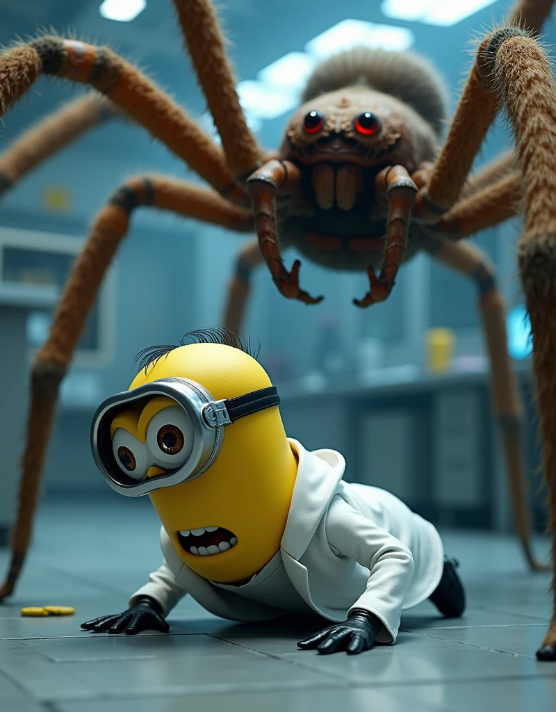 Minion Kevin white scientist suit. under attack by giant spiders. giant spider crushed his leg 