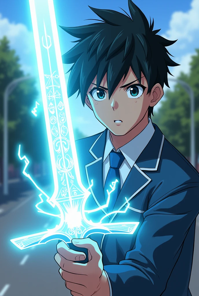 A 1 male student summoning a excalibur, the glowing sword appearing in his hand." Anime style