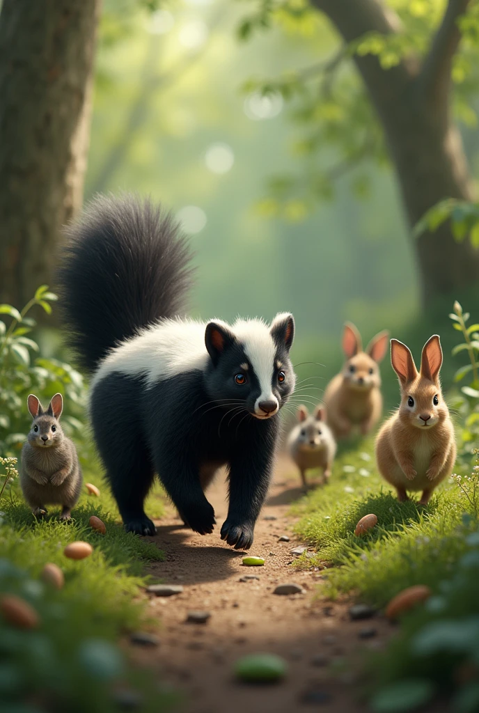 A skunk walking while all the animals move away from him 
