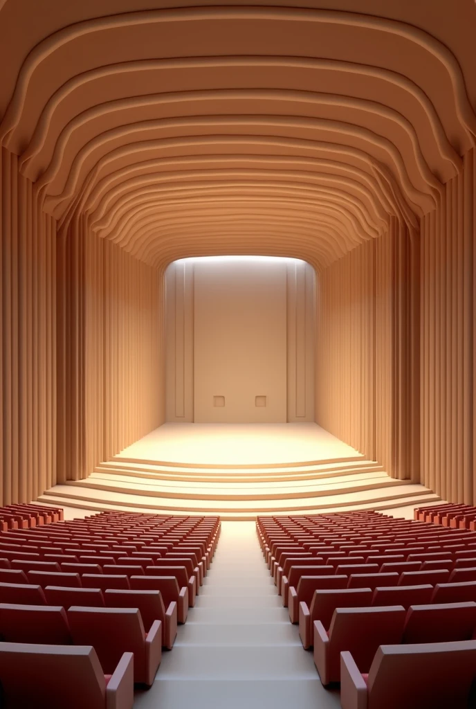 3d design of theatre that has 1078 seats and the first row has 25 seats and add 8 after 25 as the seats goes up to reach the 1078 seats and curved design simple the pov is on the stage