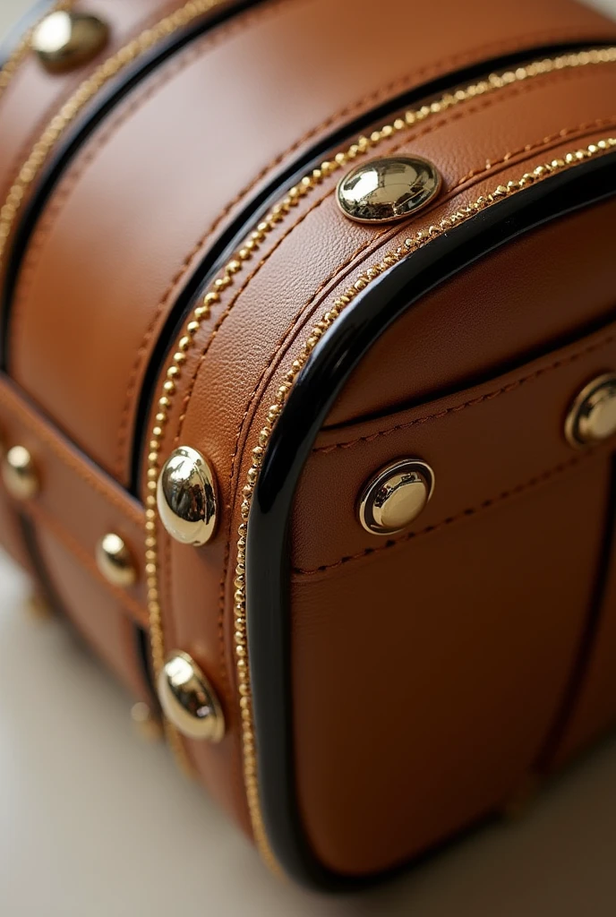 Close-up of the gold stitching and hardware on the luxury handbag