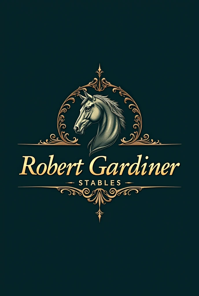 Design a luxurious logo for "Robert Gardiner Stables" featuring an ornate and detailed horse silhouette or head. Use an elegant, sophisticated serif or script font with decorative flourishes for the text. Incorporate rich metallic accents like gold or bronze, paired with deep colors such as navy blue or emerald
